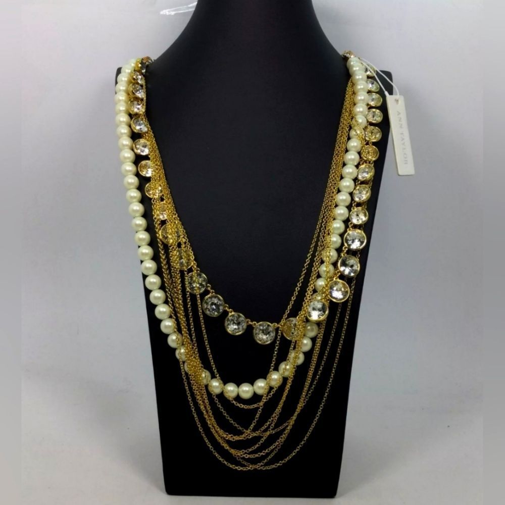 Ann Taylor Goldtone Faux Pearl Layered Chain Necklace NWT